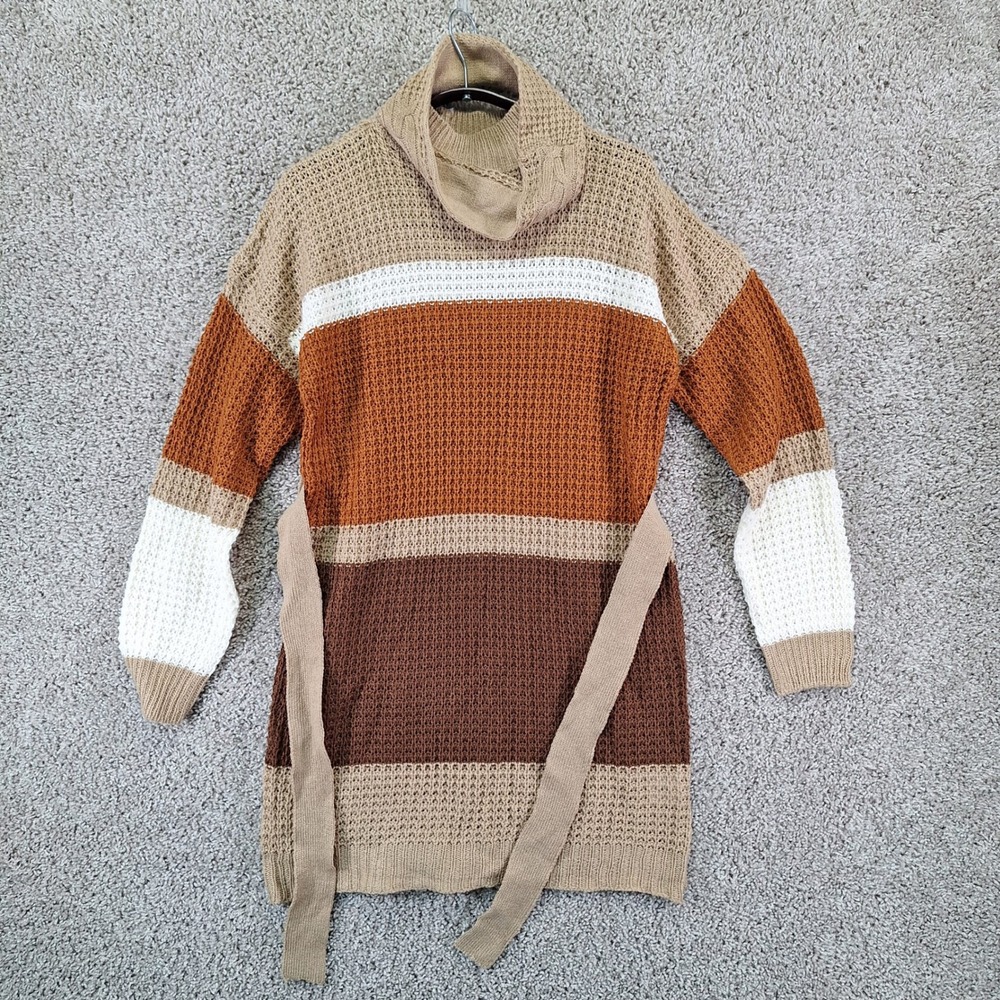 Derek Heart Sweater Dress Womens L Tan Colorblock Cowl Neck Belted Boho Autumn